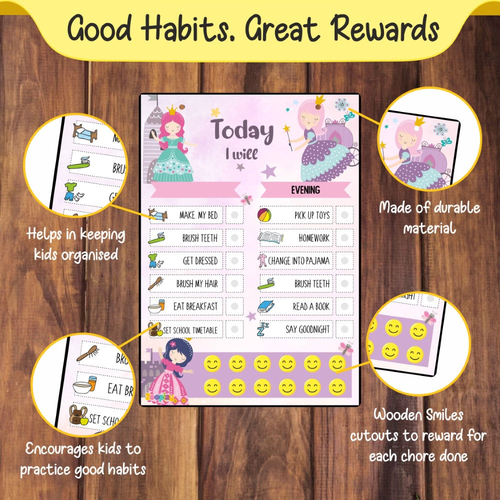 Princess Palace themed wooden responsibility board with reusable smiley cutouts