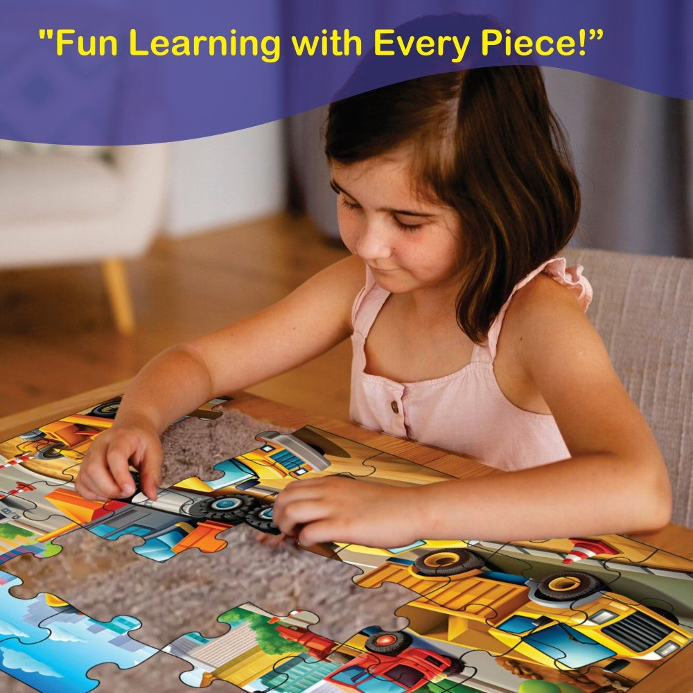 Completed Construction Zone jigsaw puzzle with various construction vehicles and workers