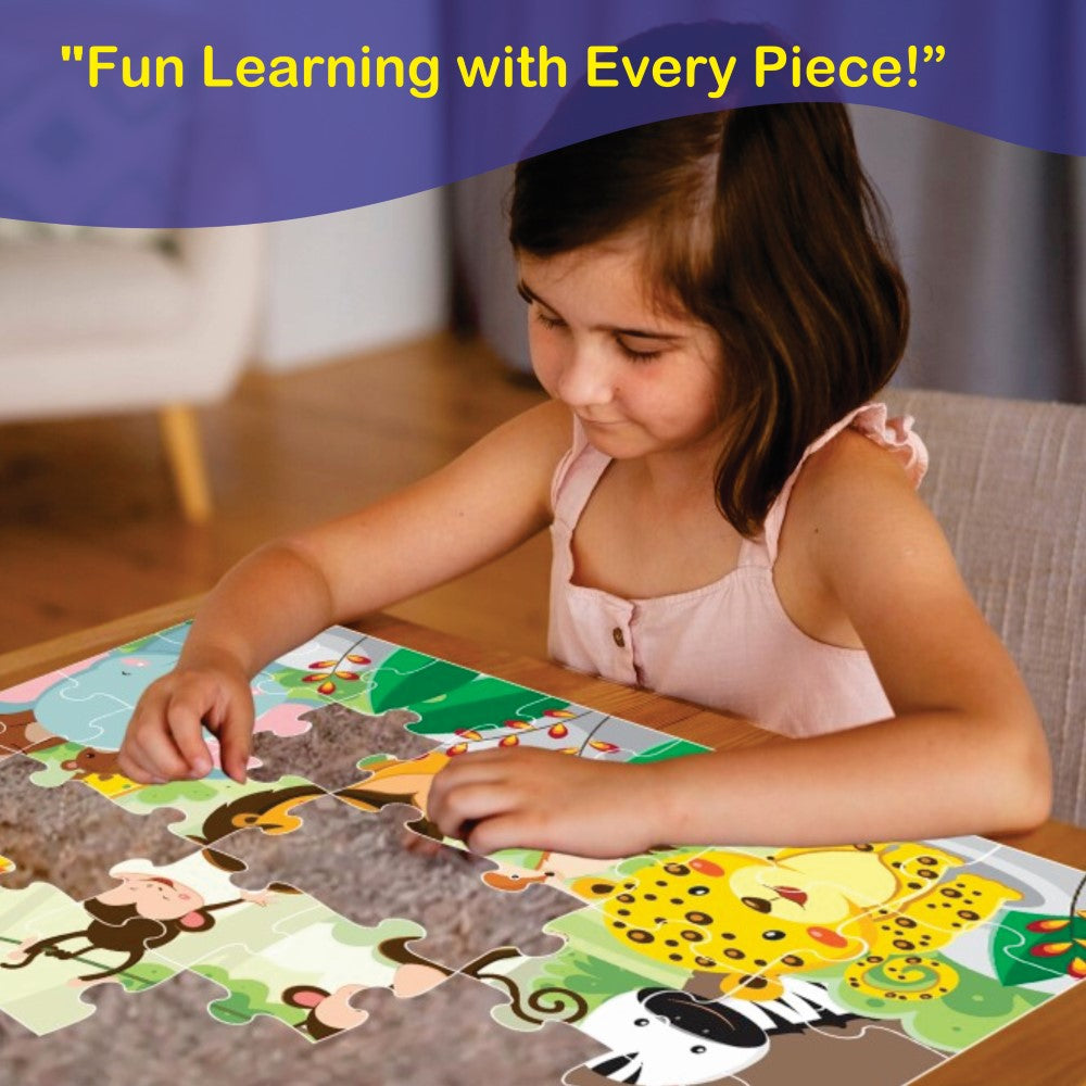 Child's hands holding and placing a puzzle piece into the Animal Party Jigsaw Puzzle