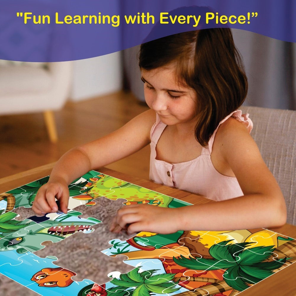 Completed Dino Land jigsaw puzzle displaying various friendly dinosaurs in a vibrant prehistoric landscape