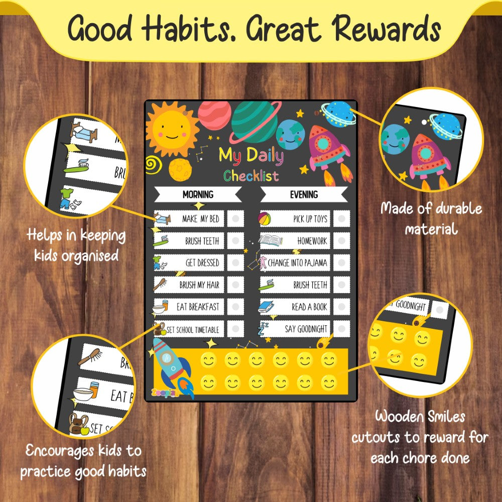 MDF responsibility board for children with vibrant illustrations and reusable wooden smiley rewards