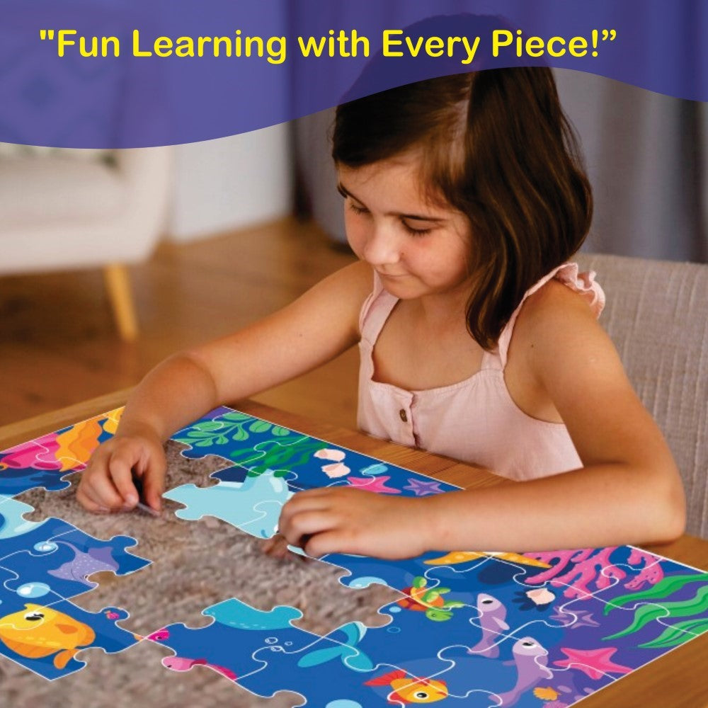 Kids playing with an educational Ocean Friends puzzle on a table, highlighting problem-solving skills