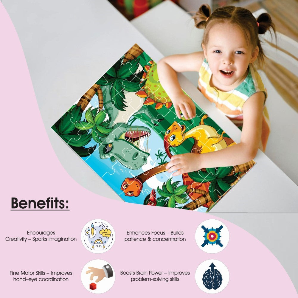 Dino Land children's puzzle box art, highlighting 35 pieces and educational benefits for toddlers and preschoolers