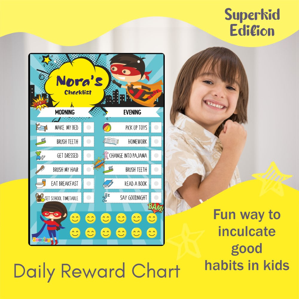 Close-up of the vibrant, kid-friendly illustrations on the reward chart board