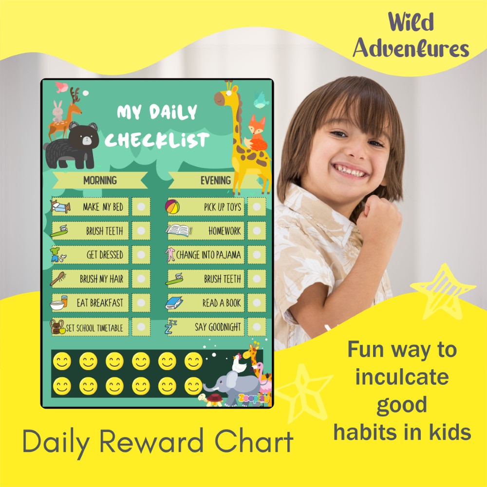 Child placing a smiley face on a chore chart for a completed task