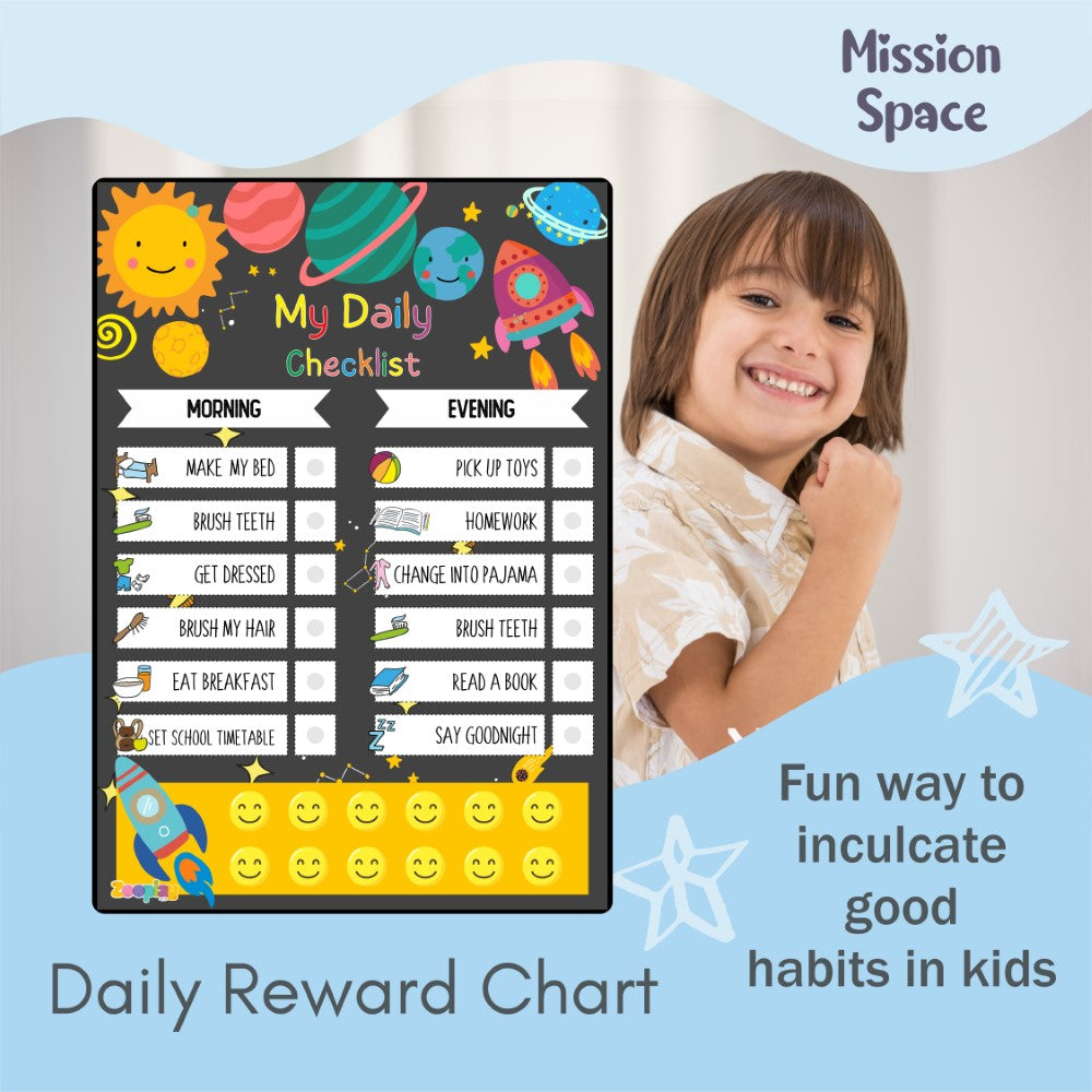 Child enthusiastically placing a reusable wooden smiley on a completed task on the responsibility board