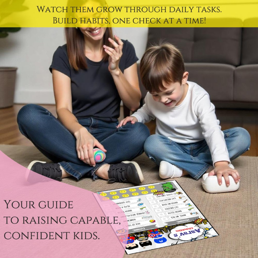 Superhero themed responsibility chart with smiley face rewards