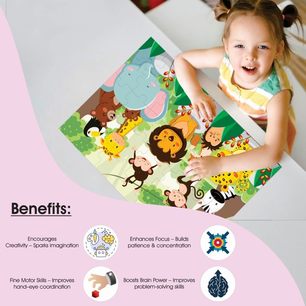 Completed Animal Party Jigsaw Puzzle on a playmat, featuring diverse animals