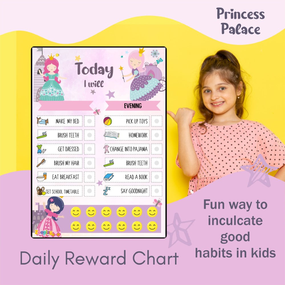 Child placing a smiley sticker on a completed chore on the Princess Palace routine chart