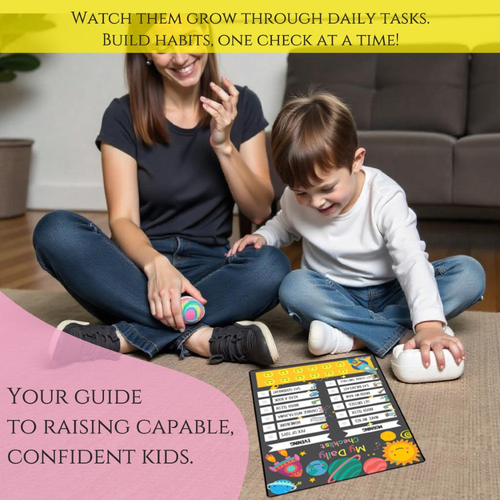 Family-friendly daily routine chart on a fridge, promoting independence and good habits for kids