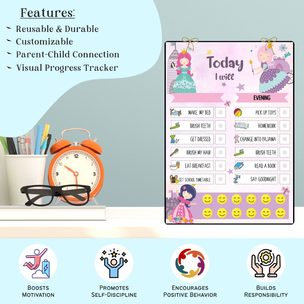Close-up of Princess Palace responsibility chart with colorful illustrations of daily tasks