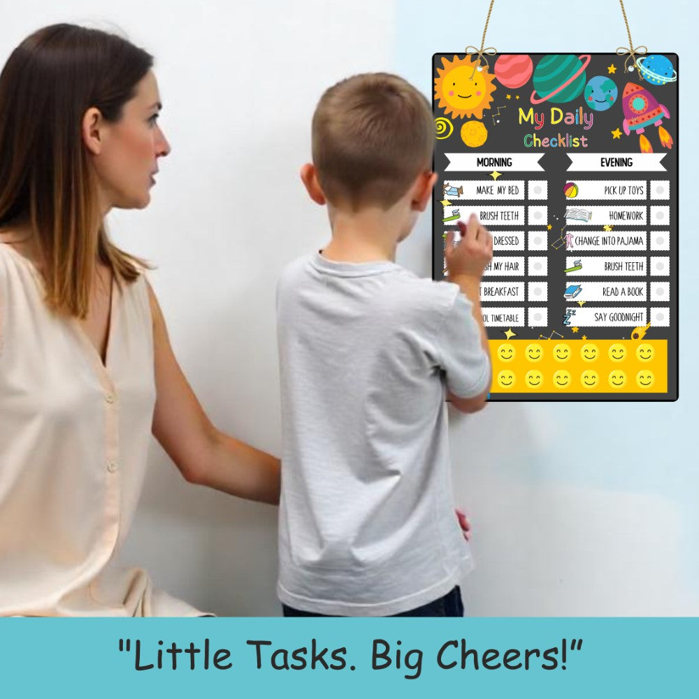 Smiling child proudly pointing at their achievements on the Mission Space-themed chore chart