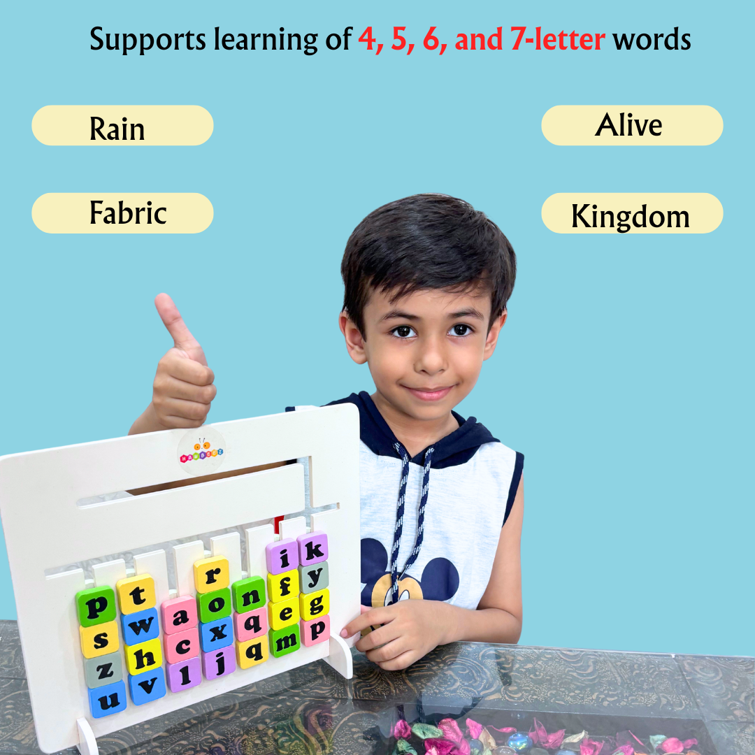 Close-up of alphabet tiles and word cards for spelling practice