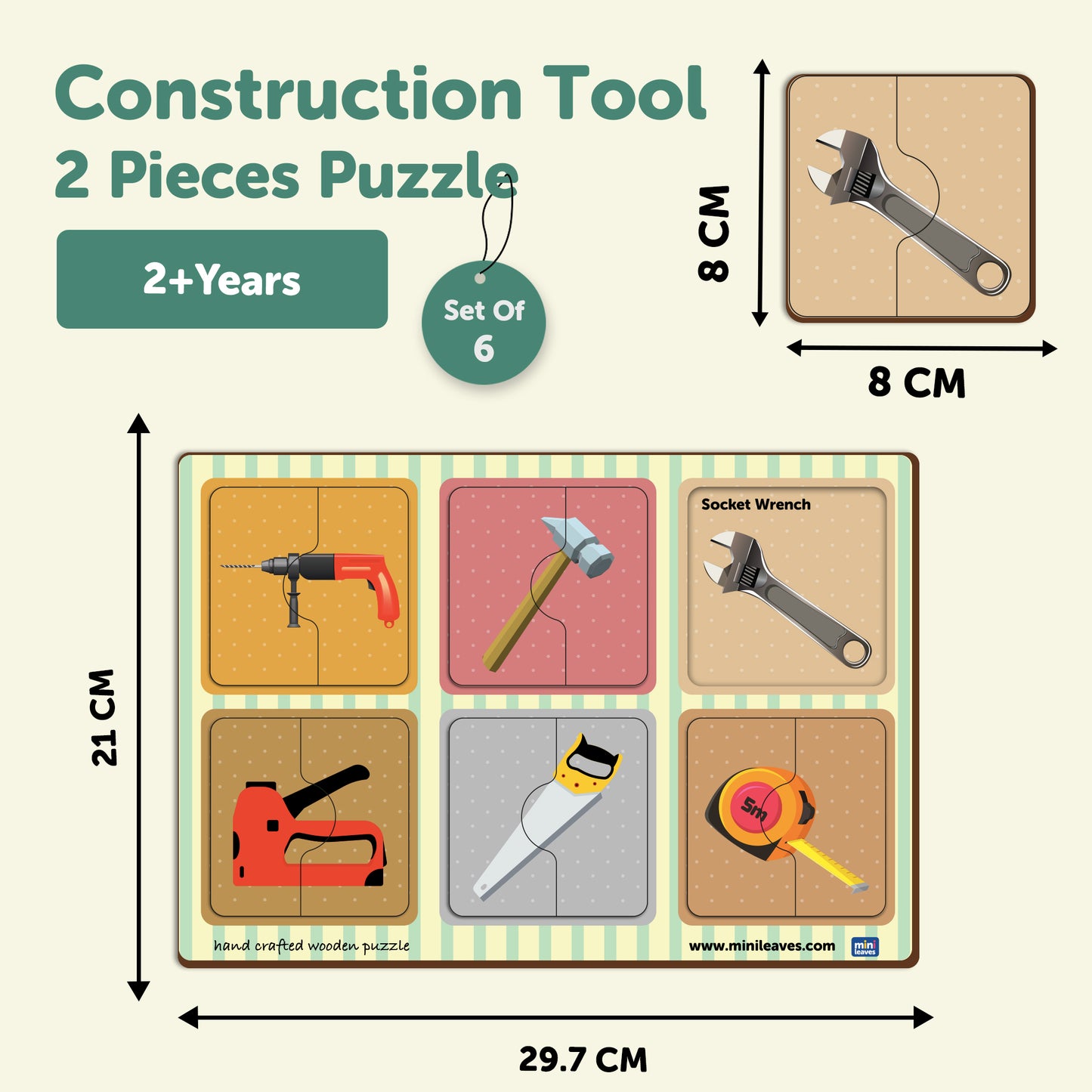 Wooden 2 Piece Construction Tools Puzzle