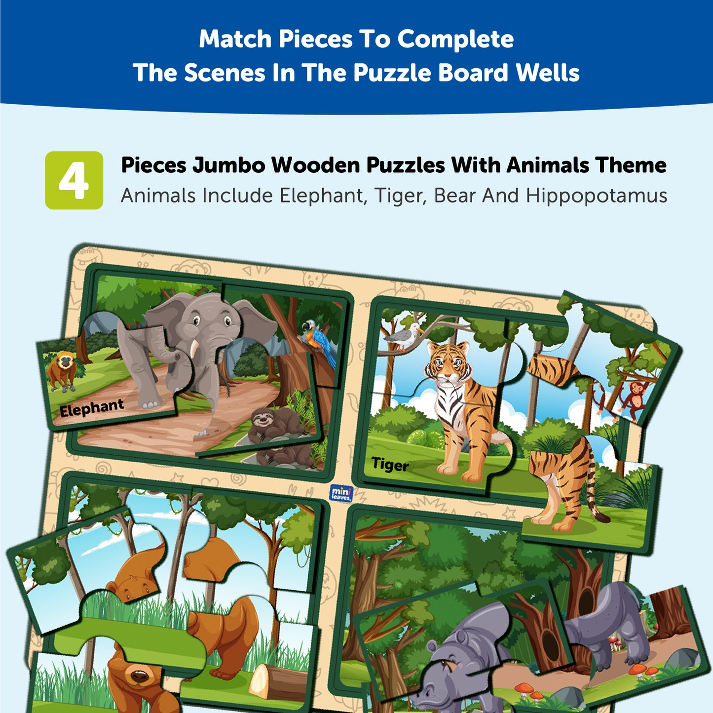 Wooden 4 Piece Animal Jumbo Puzzle
