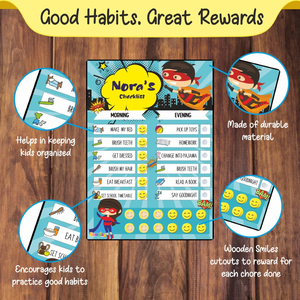 Child placing a reusable smiley sticker on a completed task on the chart