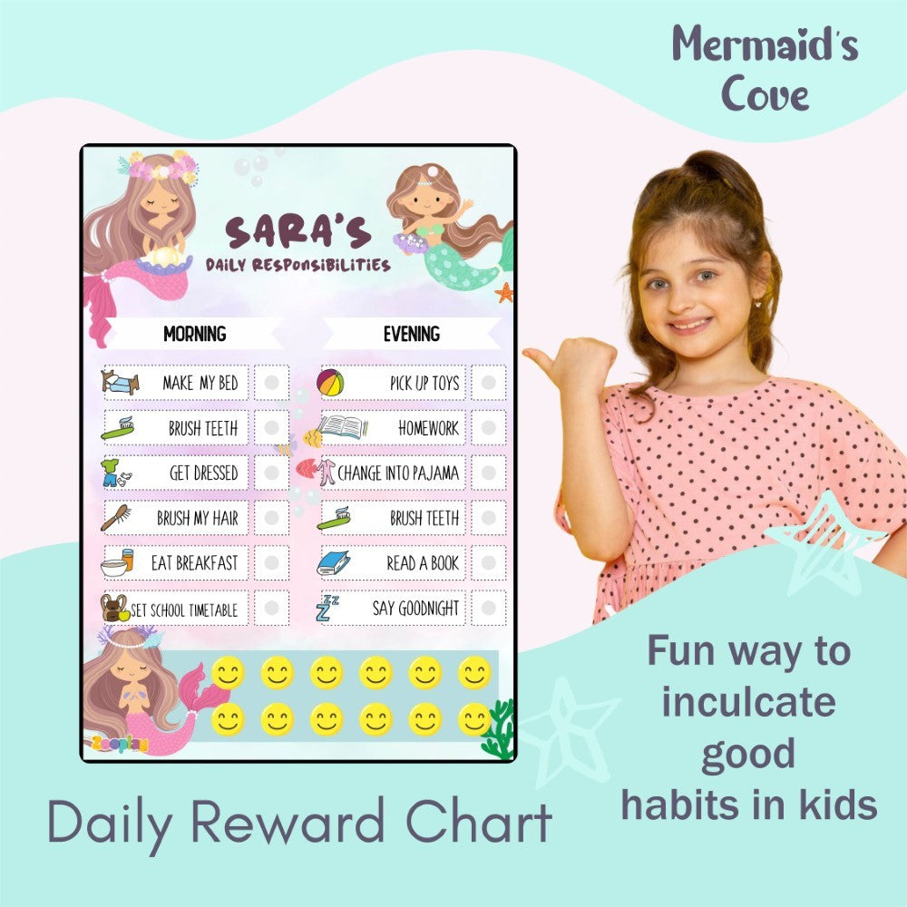 Close-up view of the day and night chore sections on the Mermaid Cove reward chart