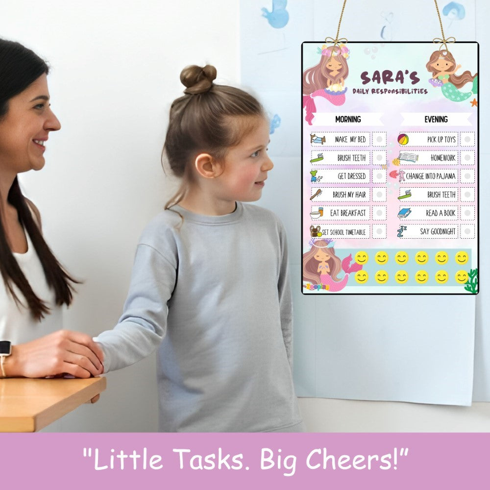 Kids' daily habit tracker for morning and evening activities with visual cues