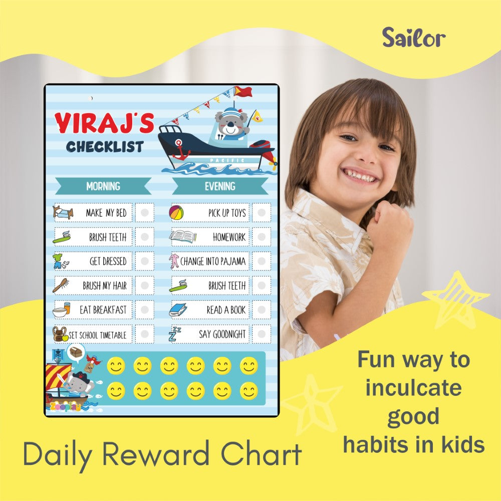 Close-up of the educational chore chart, highlighting the 'Day' and 'Night' sections and bright illustrations.