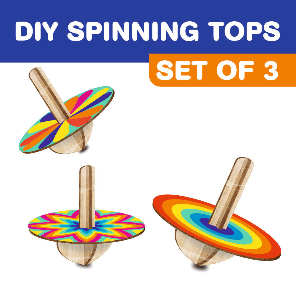 Finished colorful spinning tops in various designs, showcasing the creative possibilities of the kit.
