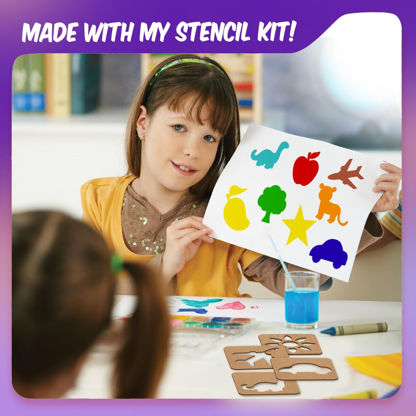 Collection of 20 wooden stencils and vibrant non-toxic paints from the art kit