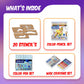 Creative play scene with a wooden puzzle board, paints, and stencils spread out
