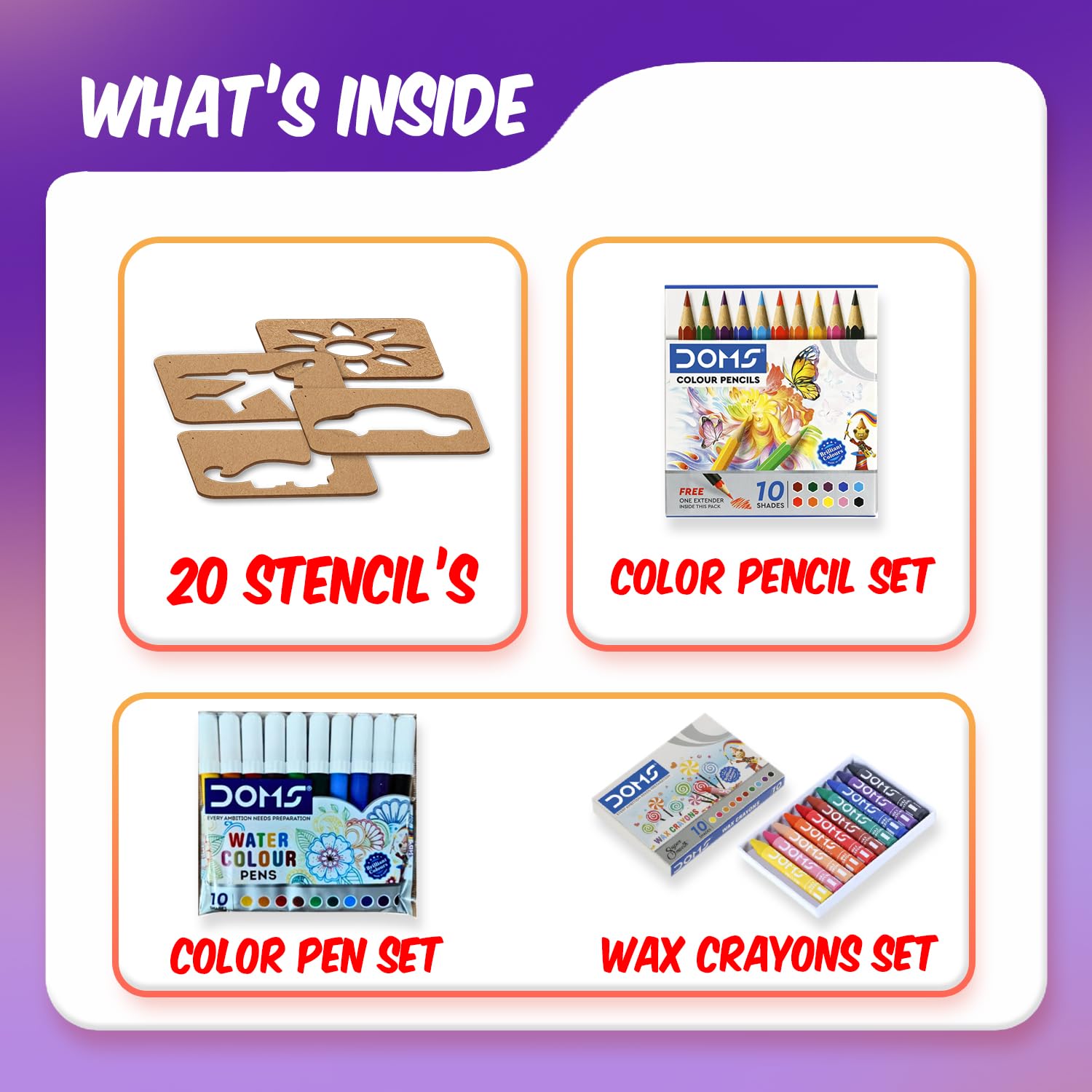 Creative play scene with a wooden puzzle board, paints, and stencils spread out