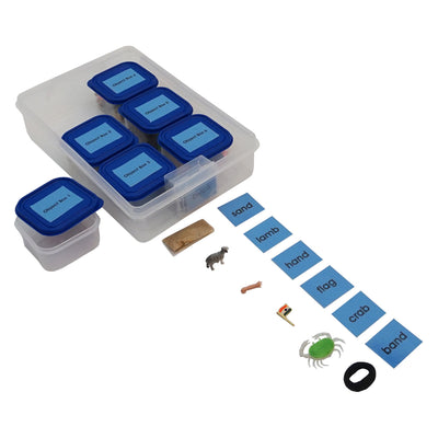 Kidken Montessori Reading Learning Kit 2 Complete Blue Set: 4-letter phonetic word cards with matching small objects laid out for hands-on reading practice ages 4 to 8