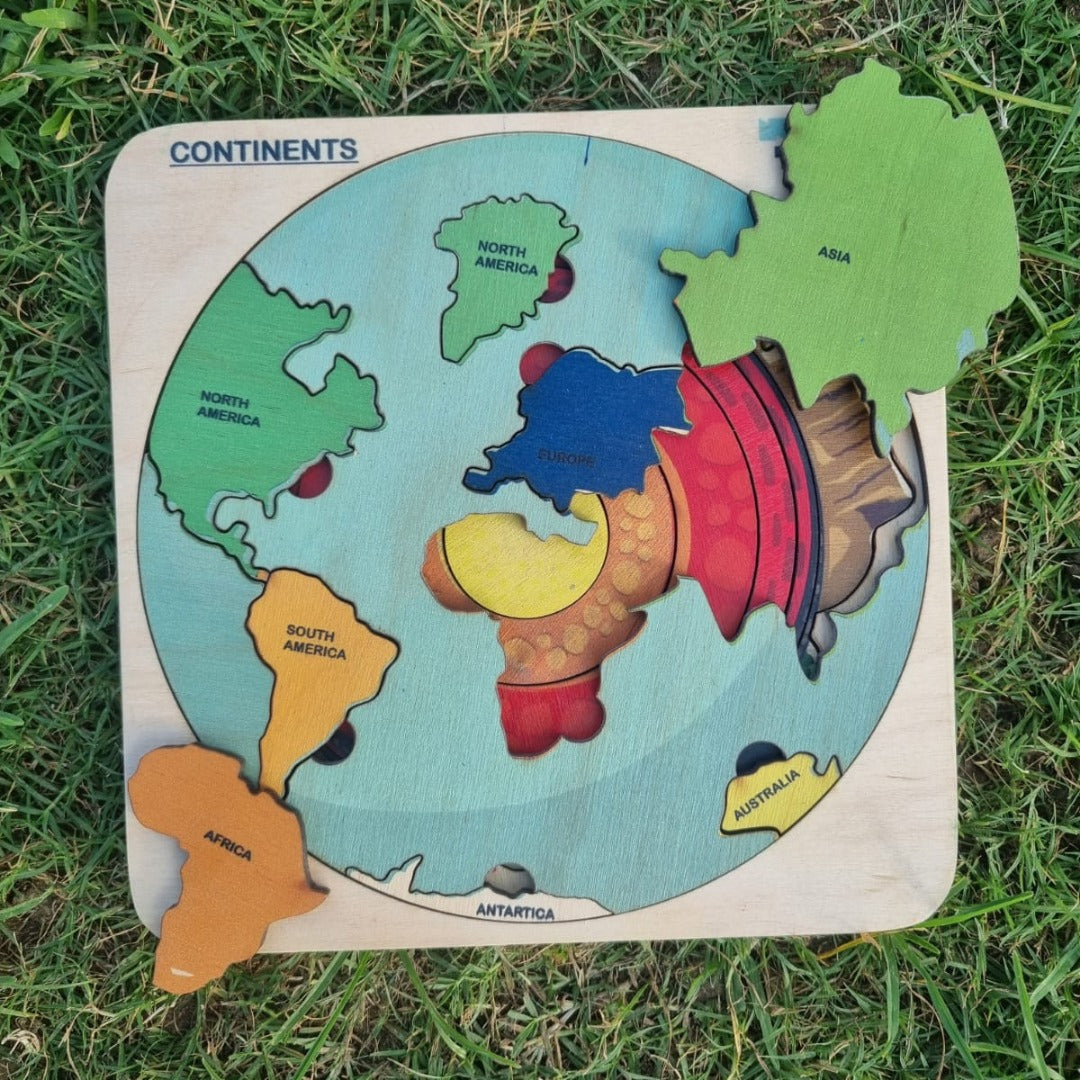 Montessori Wooden World Map with Continents & Earth Core - Real Image