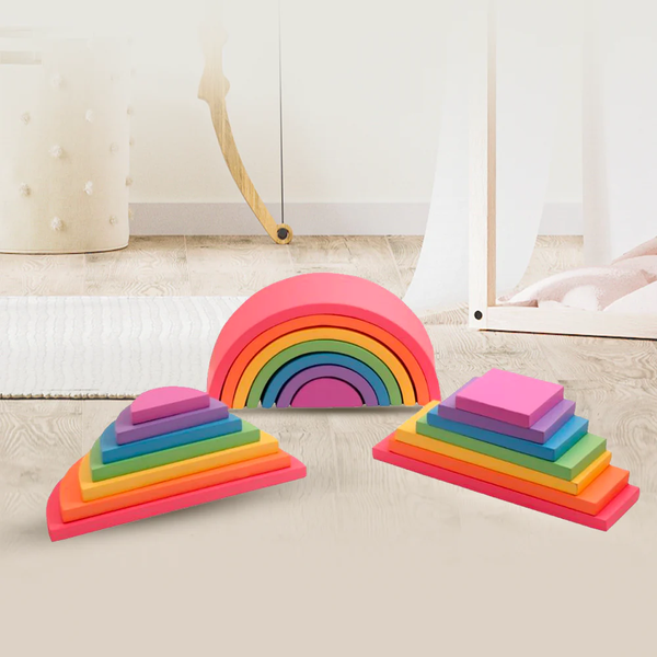 Casa Bambini Wooden Rainbow Combo Set: stacker, semi-circles and plates in 21 or 36 piece variant for open-ended play, ages 2-6