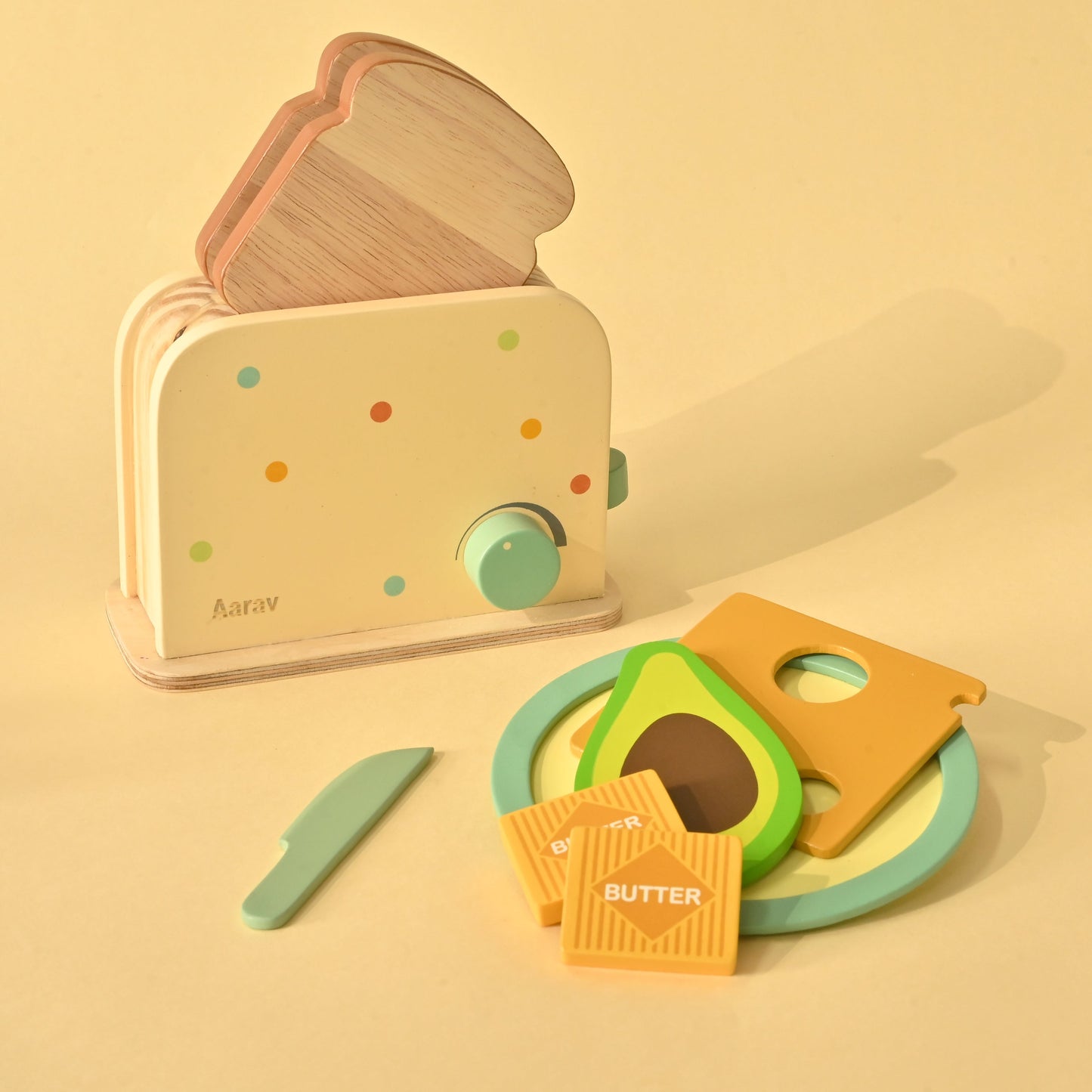 Sustainable wooden toaster toy promoting imaginative role-play and fine motor skills