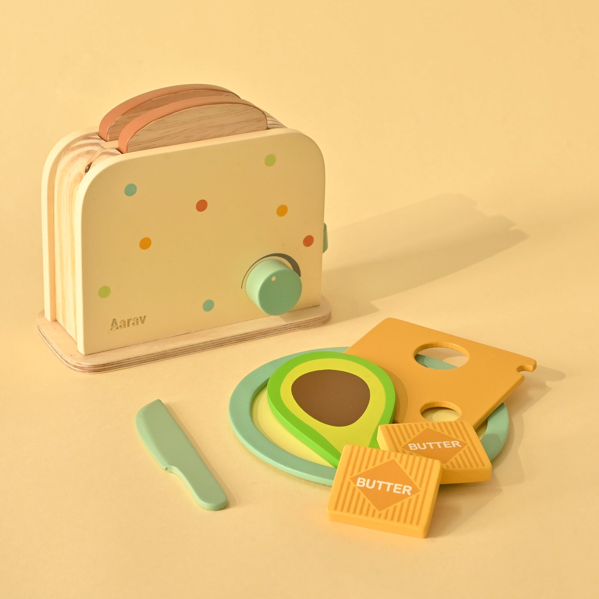 Complete Roasty Toasty wooden breakfast set spread out on a flat surface