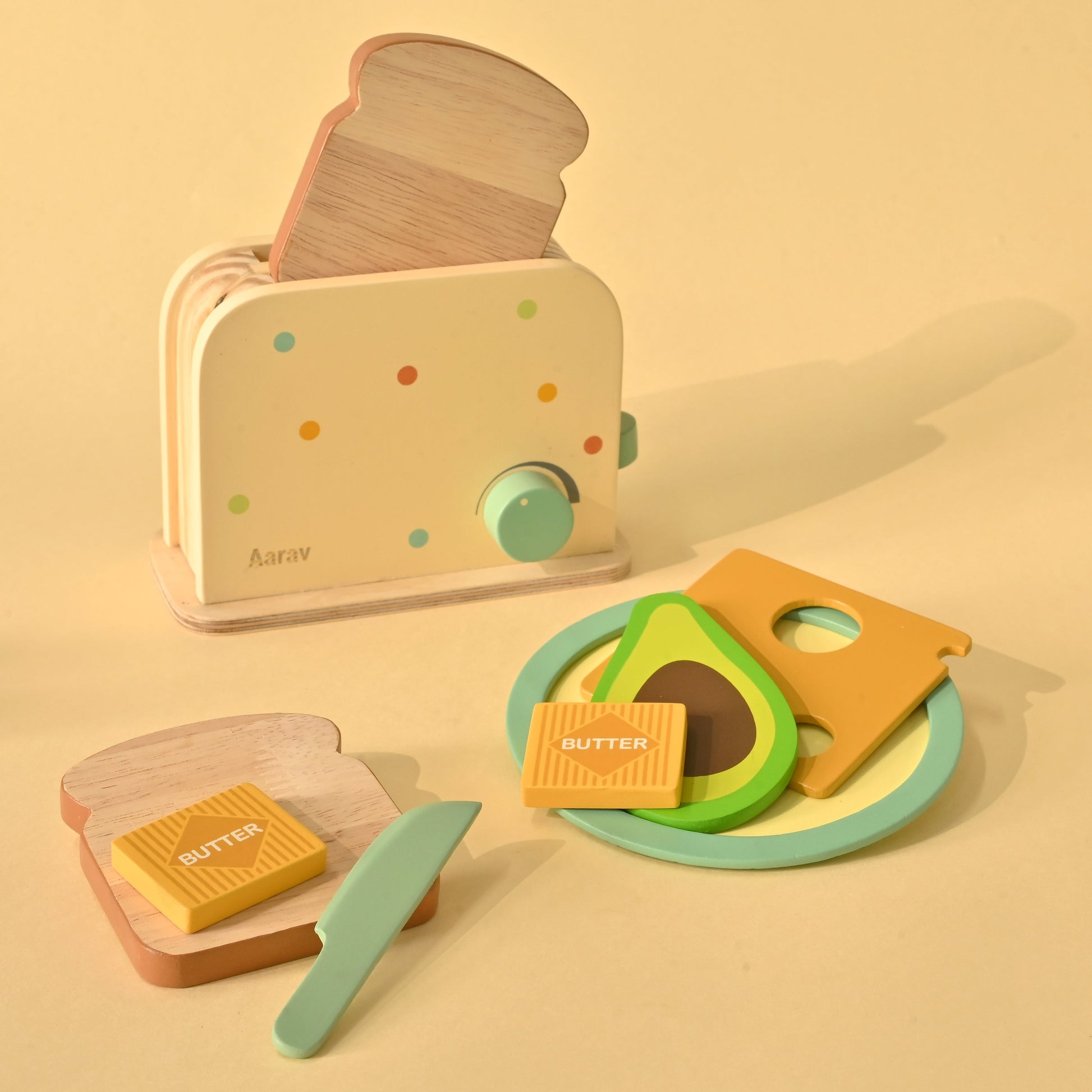 Roasty Toasty wooden toaster play set with two toast slices popping up