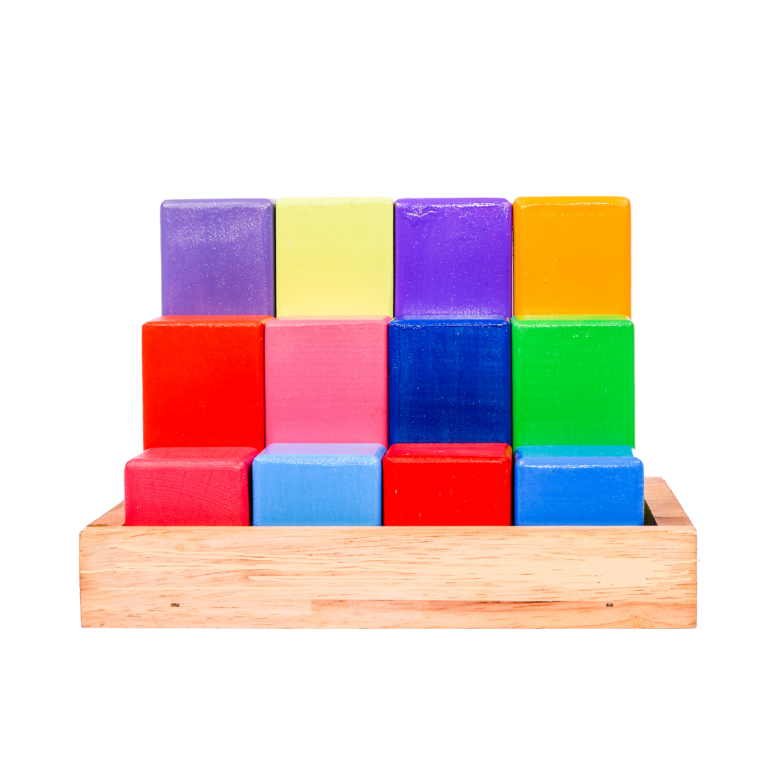 Wooden Building Blocks with Tray -Stacking Rainbow (12 Pcs)