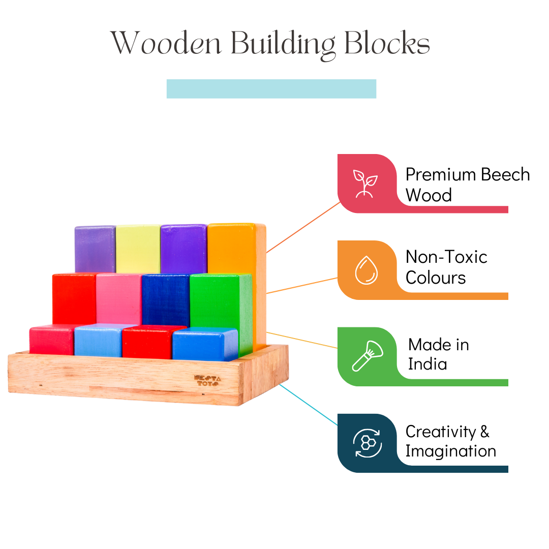 Wooden Building Blocks with Tray -Stacking Rainbow (12 Pcs)