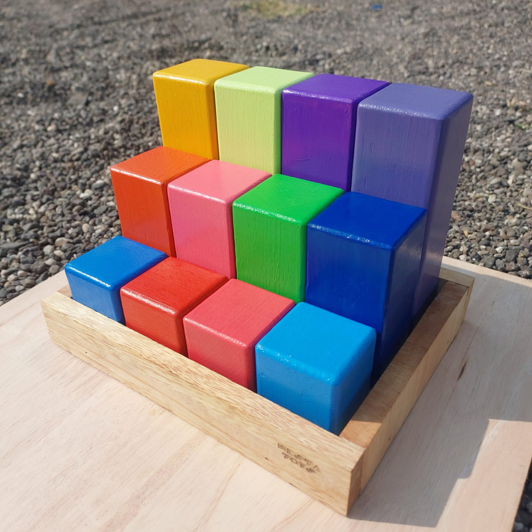 Wooden Building Blocks with Tray -Stacking Rainbow (12 Pcs)