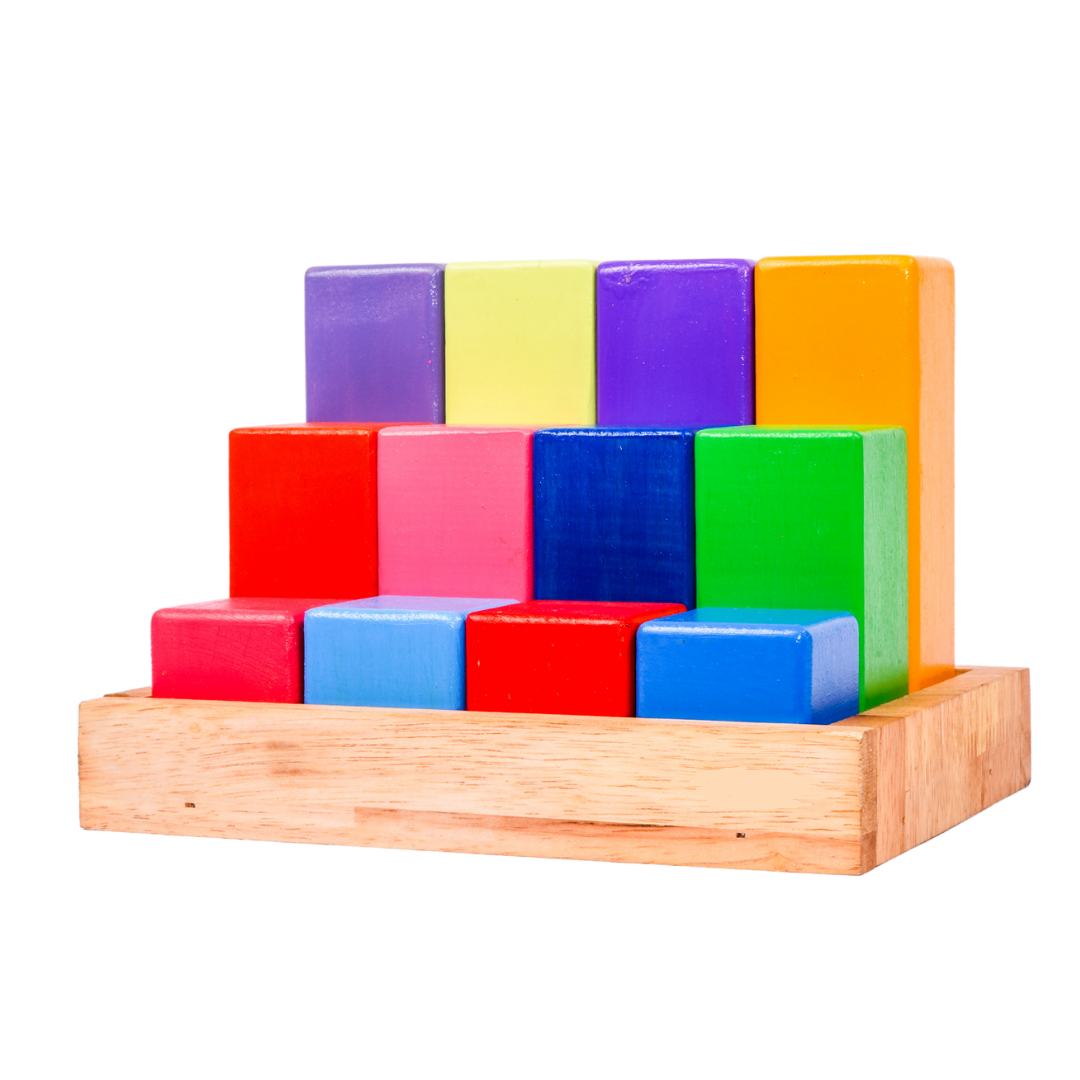 Wooden Building Blocks with Tray -Stacking Rainbow (12 Pcs)