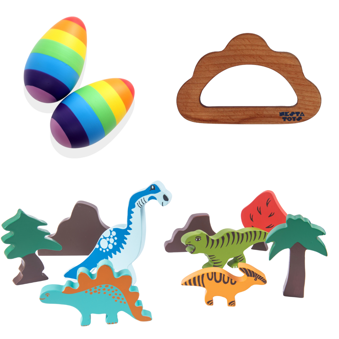 Wooden Dinosaur, Blocks, Egg Shaker (Rattle) & Teether - Combo