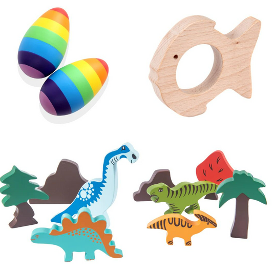 Wooden Dinosaur, Blocks, Egg Shaker (Rattle) & Teether - Combo
