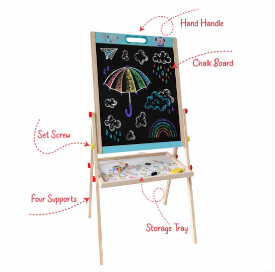 Wooden Drawing Board, Double-Sided Chalkboard and Whiteboard, Educational Art Stand with Storage Tray