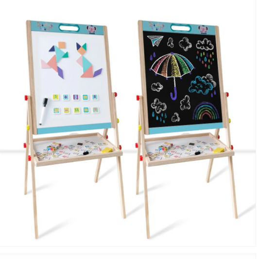 Wooden Drawing Board, Double-Sided Chalkboard and Whiteboard, Educational Art Stand with Storage Tray