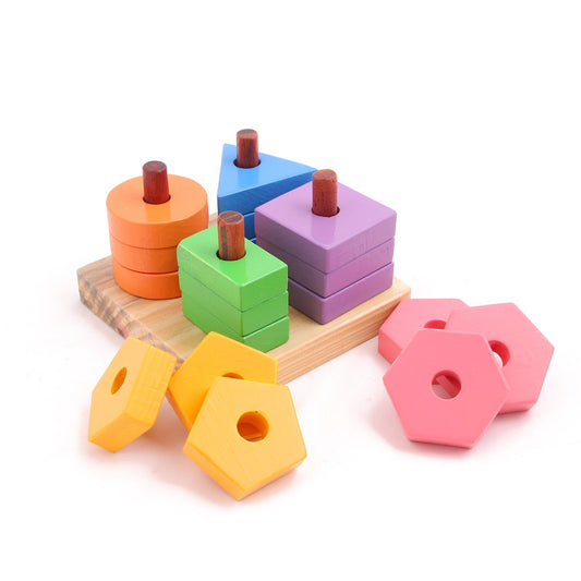 Wooden Geometric 4 Shapes Stacker Blocks - Set of 12 Pieces