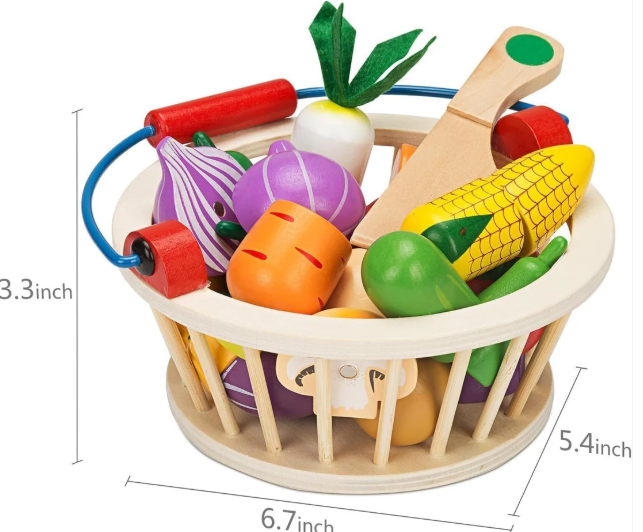 Wooden Magnetic Cutting Vegetables Food Play Toy Set with Basket for Kids