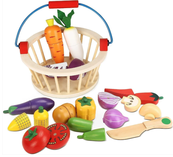 Wooden Magnetic Cutting Vegetables Food Play Toy Set with Basket for Kids