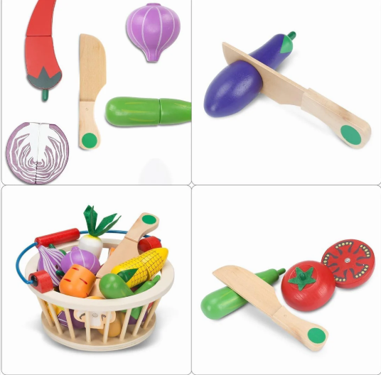 Wooden Magnetic Cutting Vegetables Food Play Toy Set with Basket for Kids