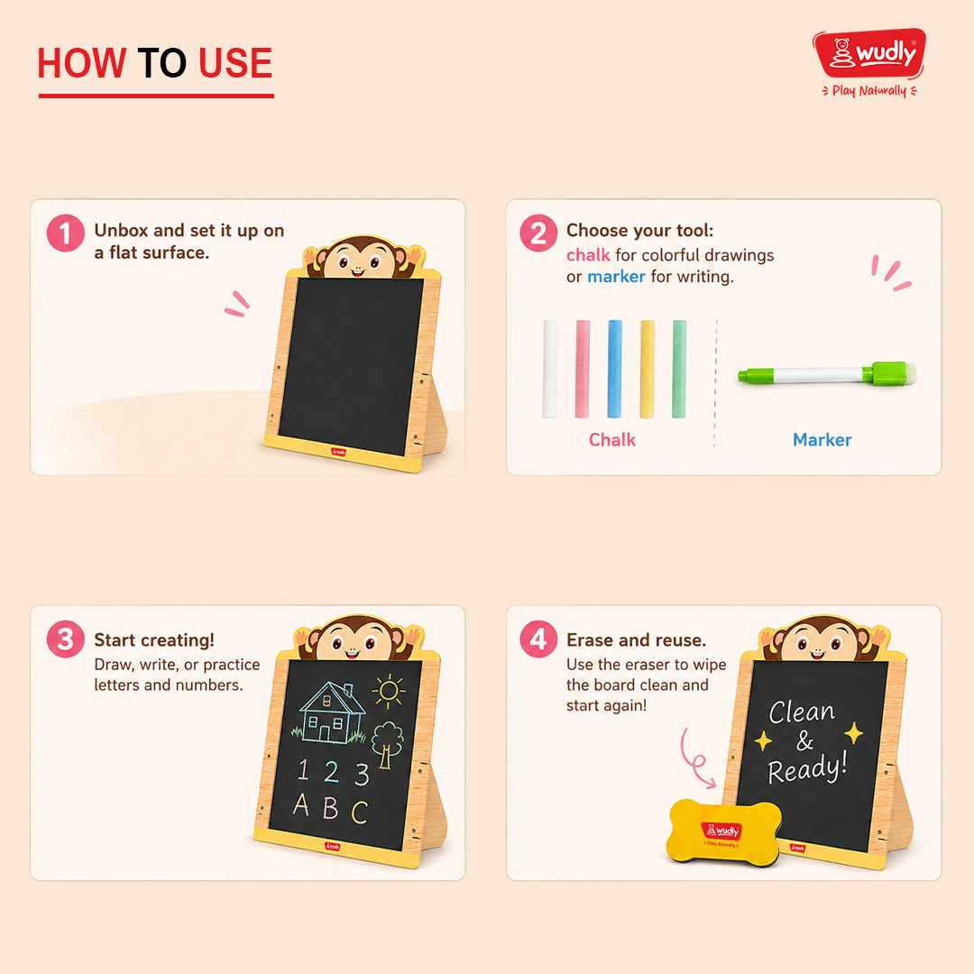 Foldable wooden easel board set with duster, marker, and chalks