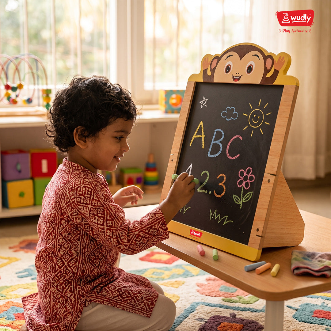 Wooden 2-in-1 easel board demonstrating compact storage