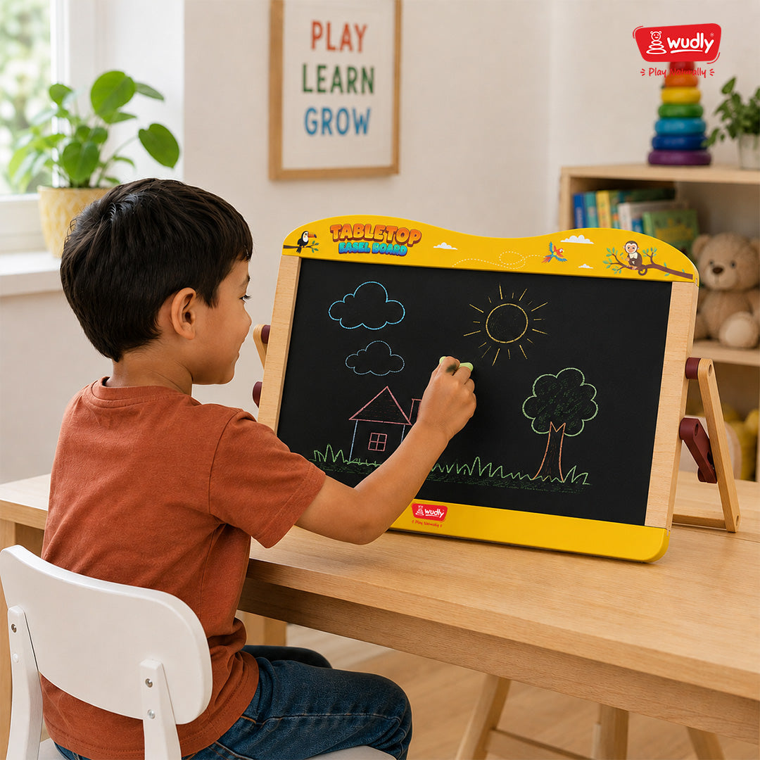 Compact wooden easel board, perfect for desk, table, or floor play