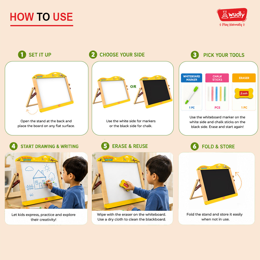 Close-up of the wooden foldable stand and smooth writing surface