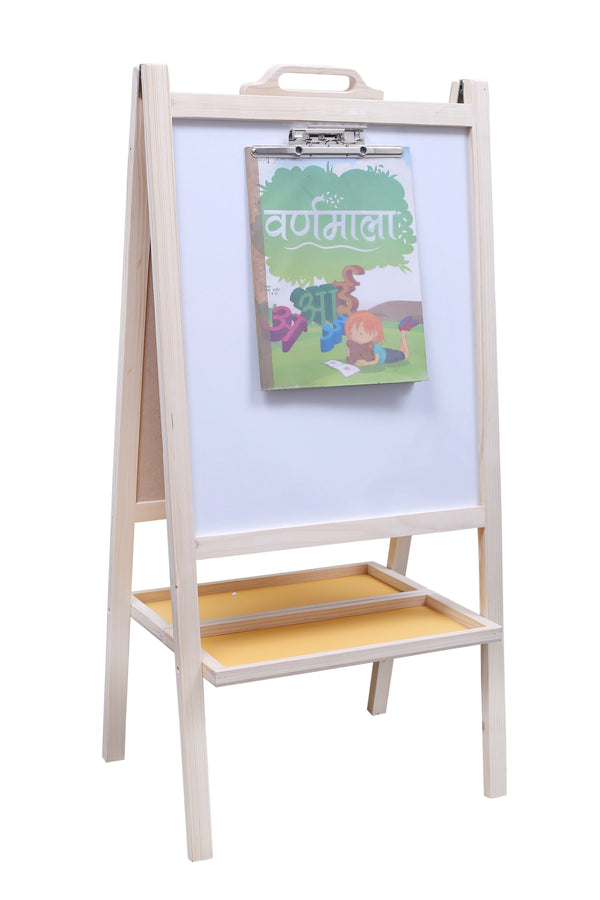 The Little boo Wooden 4 in 1 Easel Board Stand for Kids: chalkboard, whiteboard, paper roll and magnetic surfaces in one wooden stand, ages 2 to 8